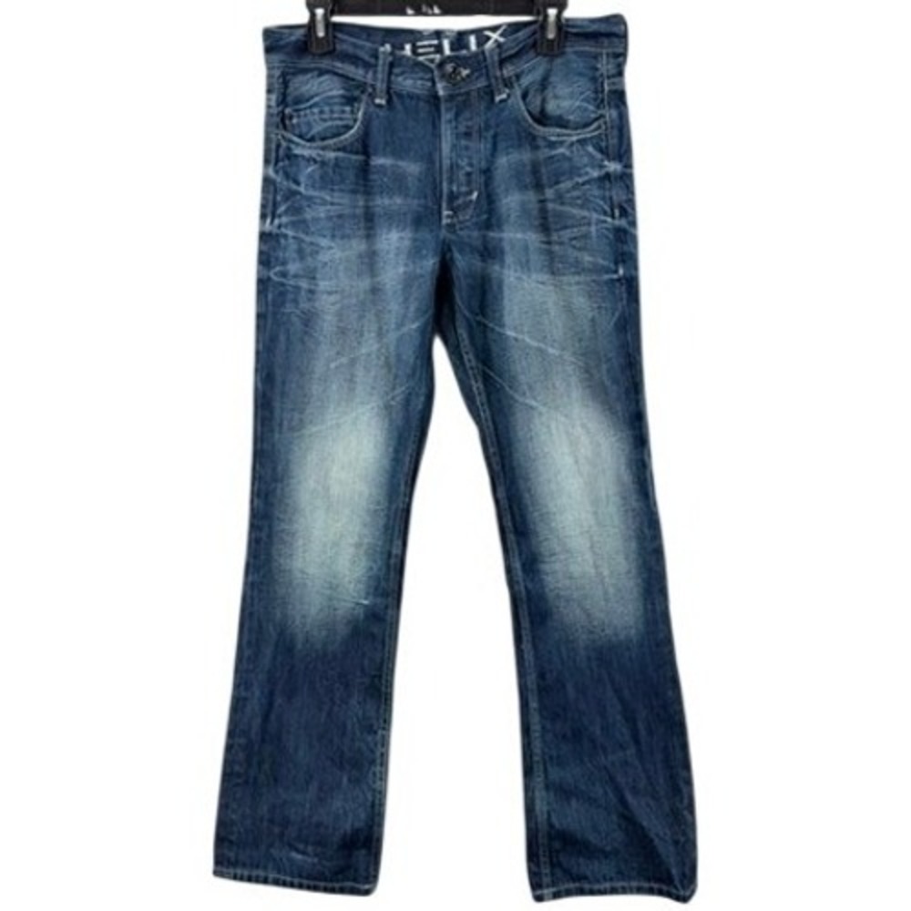 Helix Jeans Mens 32x32 Blue Straight Leg Distressed Whiskered Faded Denim